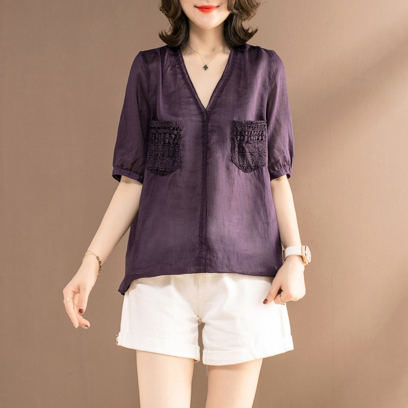 V collar linen cotton shirt 50% sleeves cotton linen 100 hitch slim fit jacket 2021 Summer new Korean version of the Korean version