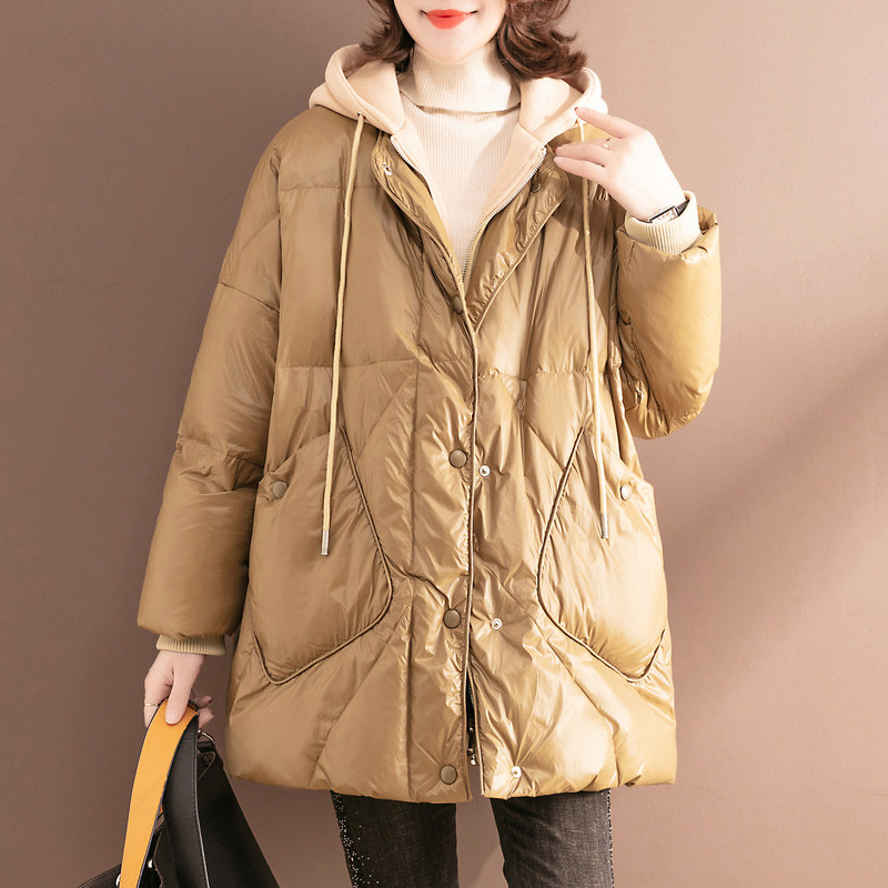 Down clothes Women in white duck suede Long version 2021 New winter Fashion splicing Lianhood Rope Outline Shaped Coat Winter