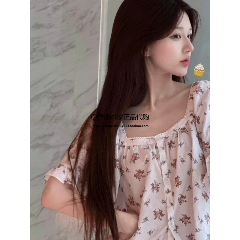 Pique Said Summer Lu Si Style Floral Rose Print Pajamas Cotton Gauze Puff Sleeve Loungewear Set