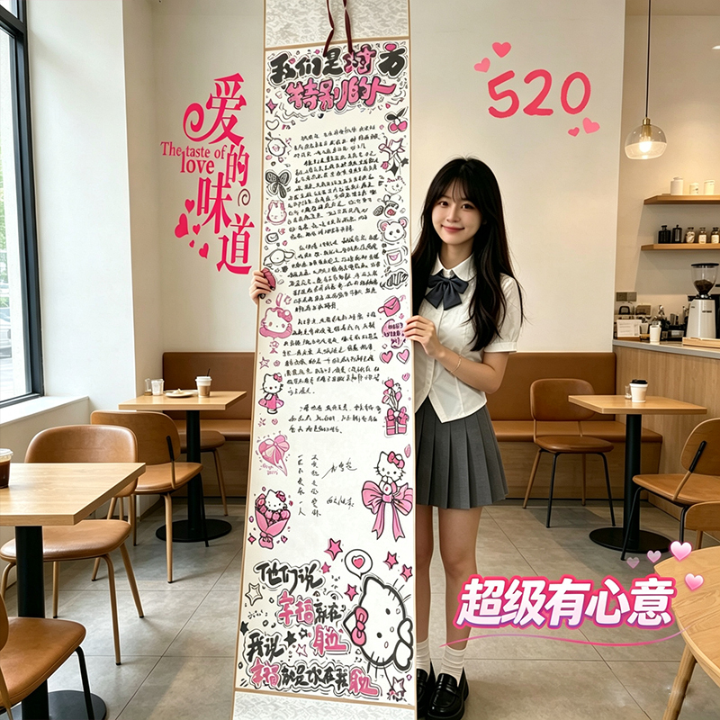 Extra-Long Handwritten Love Letter Scroll with Cute Cartoon Patterns, Handwritten Letter Paper Blank Scroll Semi-Finished Product Birthday Gift