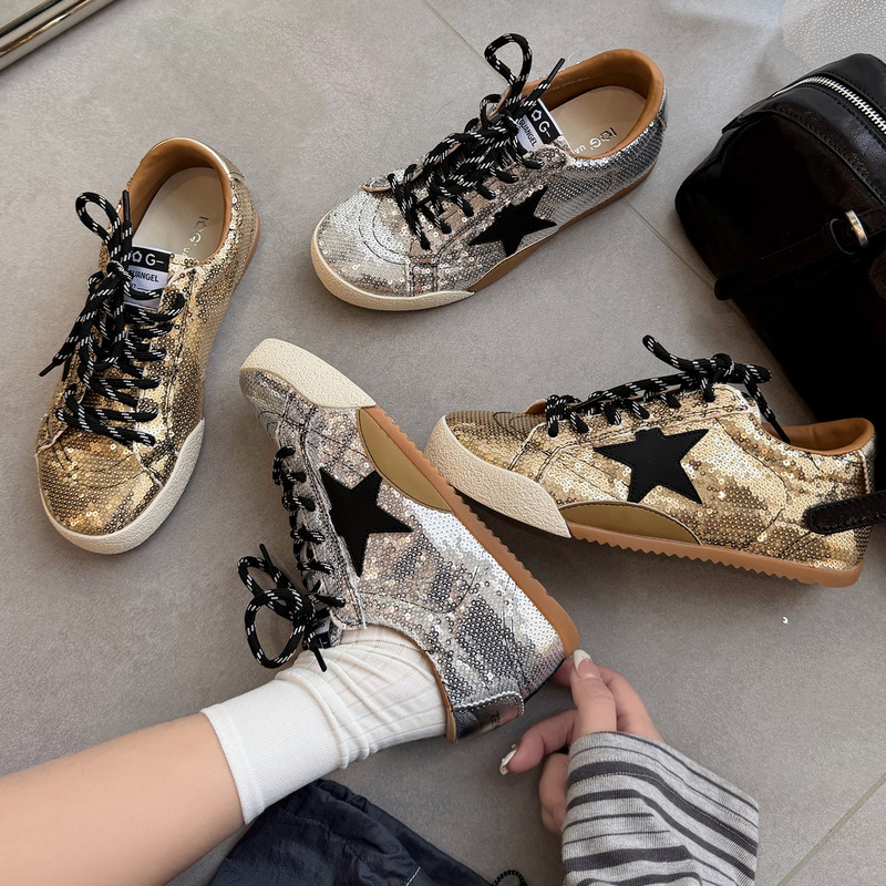 Hong Kong Style Height-Increasing Sequin Star Moral Training Shoes for Women, 2026 Spring and Autumn New Casual Sneakers, Versatile Lace-Up Sports Shoes