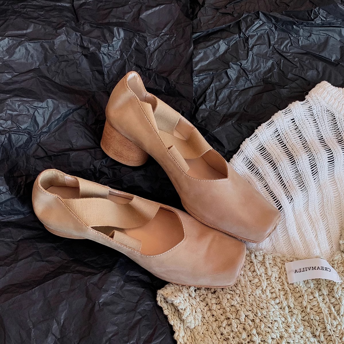 香港本革スクエアヘッドバレエシューズレディース春レトロシングルシューズフェアリーバレエシューズアウトドア厚ヒールメリージェーンシューズ