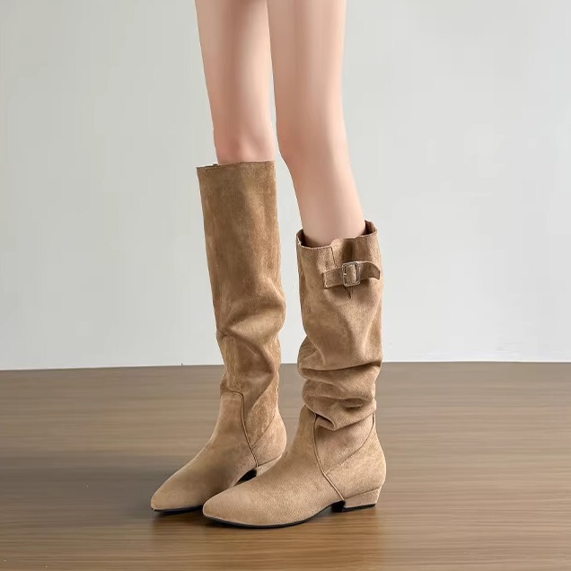 Hong Kong Retro British Style Over-The-Knee Long Boots for Women, Spring and Autumn Pleated High Boots, Western Boots That Make Feet Look Smaller