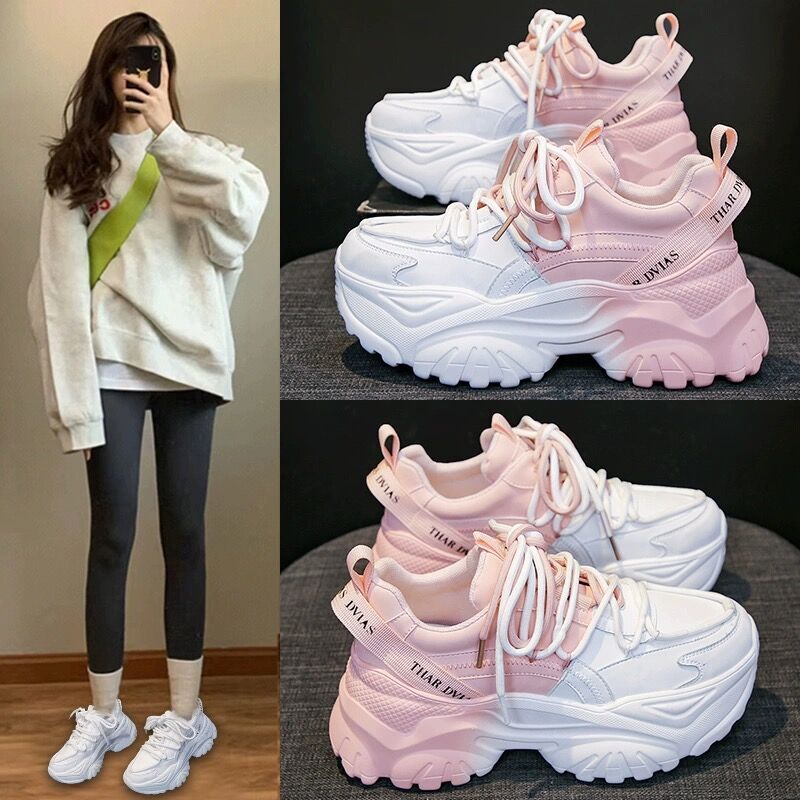 Hong Kong Style Height-Increasing Pink Dad Sneakers for Women ins Trendy 2026 New Slimming Spring and Autumn Thick-Soled Niche Sports Shoes