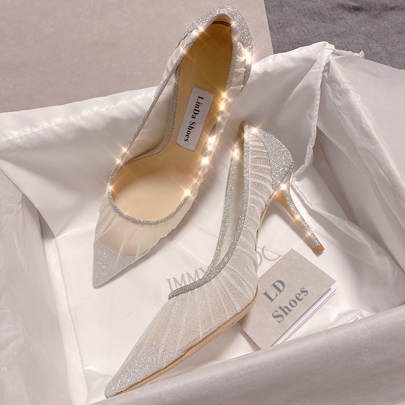 Hong Kong Mesh High Heels for Women 2026 Spring and Autumn New Fairy Style Pointed Toe Stiletto Bridal Shoes Wedding Shoes Bridesmaid Shoes