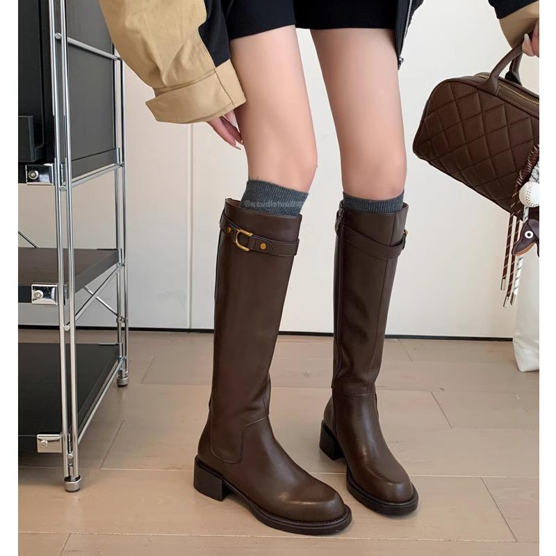 Hong Kong Retro Genuine Leather Brown Boots for Women 2026 Spring and Autumn New Style Tall Knee-High Boots New High-Top Riding Boots
