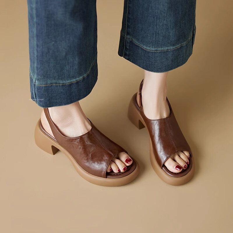 Hong Kong Style Chunky Heel Open-Toe Sandals for Women 2026 Spring/Summer New Retro Peep-Toe Shoes soft sole High-Heeled Sandals