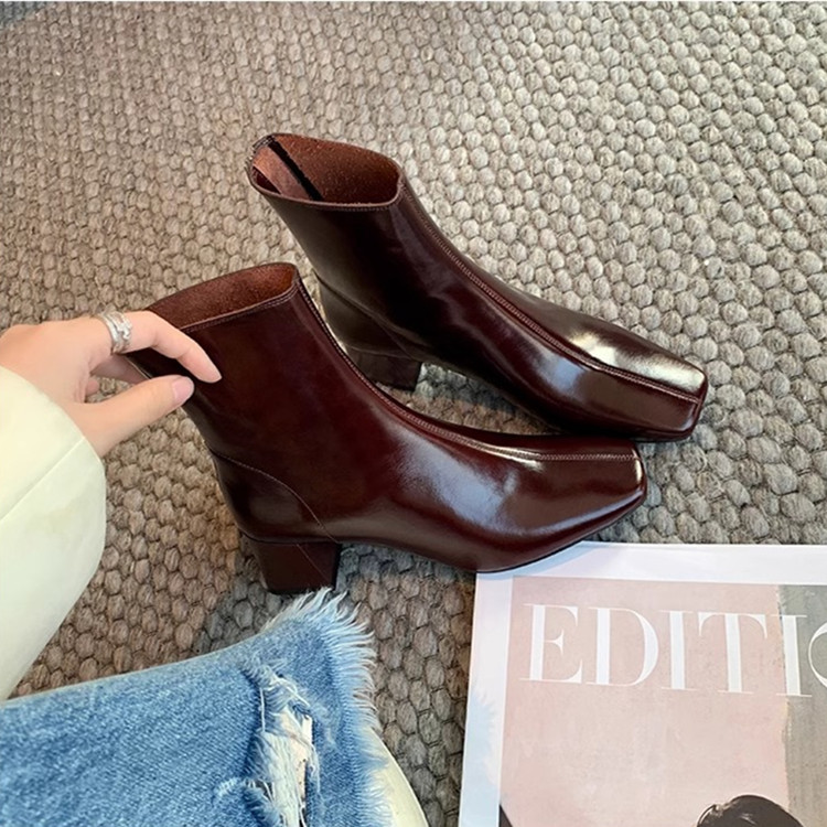Hong Kong Ancora Red Retro Ankle Boots for Women, Spring Genuine Leather Square Toe Chunky High Heel Short Boots, Slim Boots, Short Western Boots