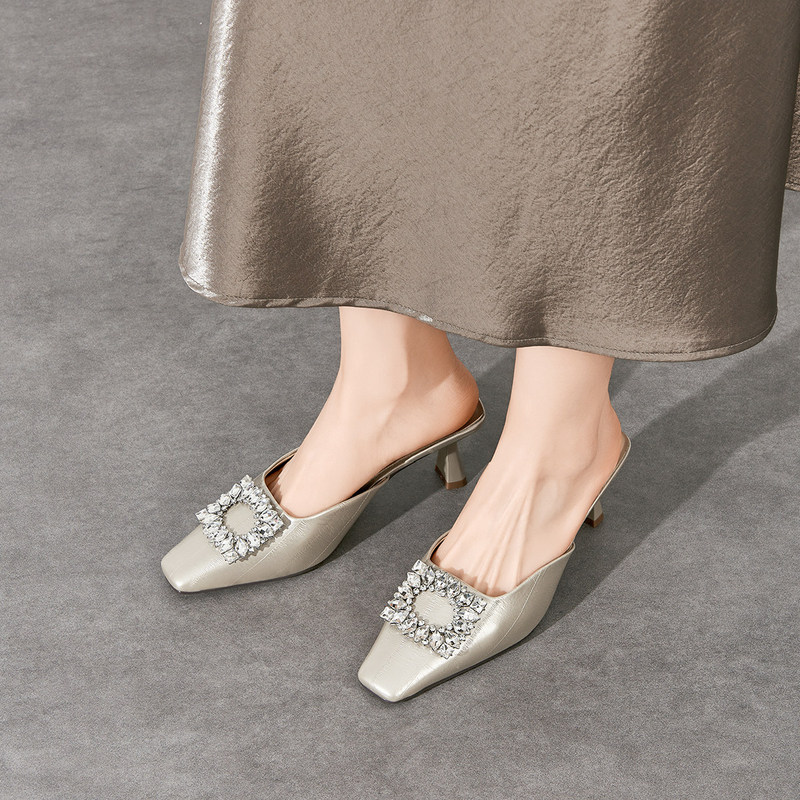 Hong Kong Comfortable Soft Leather Backless Square Buckle Closed-Toe Half-Slipper Women's 2026 Summer New Style Elegant Stiletto High-Heeled Mules