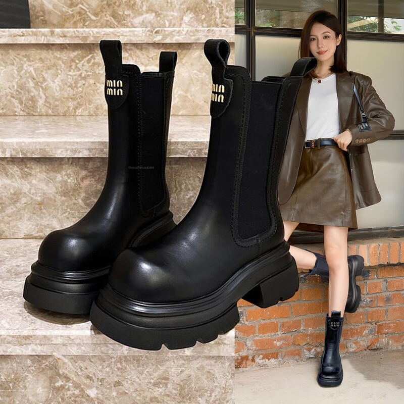 Hong Kong Genuine Leather Mid-Calf Boots, Chimney Boots, Martin Boots for Women, 2026 Autumn and Winter New Style, Thick-Soled Height-Increasing Chelsea Slim Boots