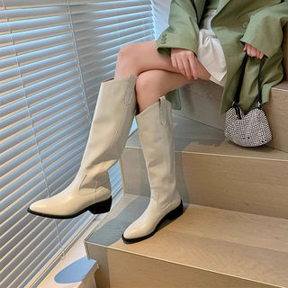 香港宽筒网红不过膝长靴女2025年春秋新款尖头高筒西部粗跟骑士靴