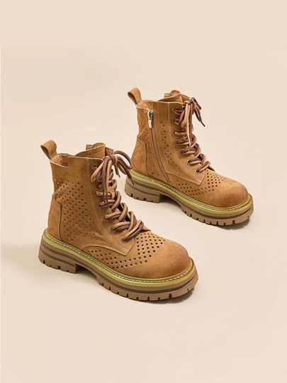 Hong Kong Outdoor Hollow Martin Boots for Women 2025 Summer New Genuine Leather Breathable Short Boots Petite Western Cowboy Boots