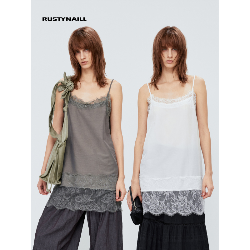 Rustynaill Cupro Tencel Satin Eyelash Lace Patchwork Mid-Length Vest Layered Dress Rustynaill Cupro Tencel Satin Eyelash Lace Patchwork Mid-Length Vest Layered Dress