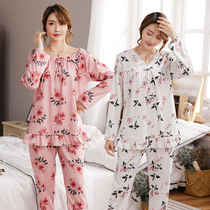 Large size cotton pajamas female fat mm set Spring and Autumn long sleeves can be worn outside mother two sets of fat increase 200kg