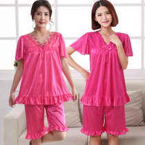 Womens mother pajamas summer suit female sexy ice silk short sleeve Korean version loose plus size silk middle-aged nightdress