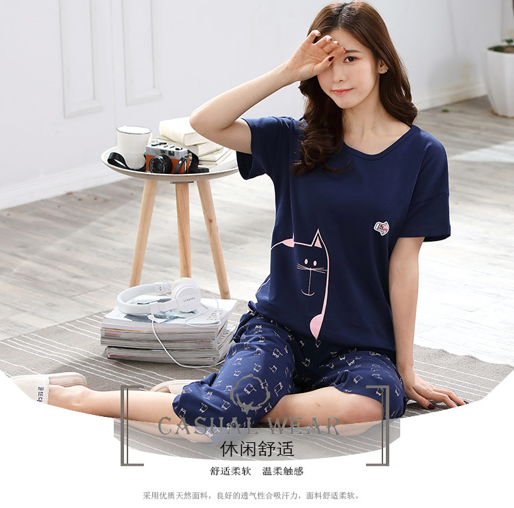 Bộ đồ ngủ nữ chất béo MM mùa hè cotton tay ngắn cắt cúp phiên bản Hàn Quốc của quần lửng cộng với phân bón XL mùa hè 200 kg đồ bộ mặc nhà cao cấp