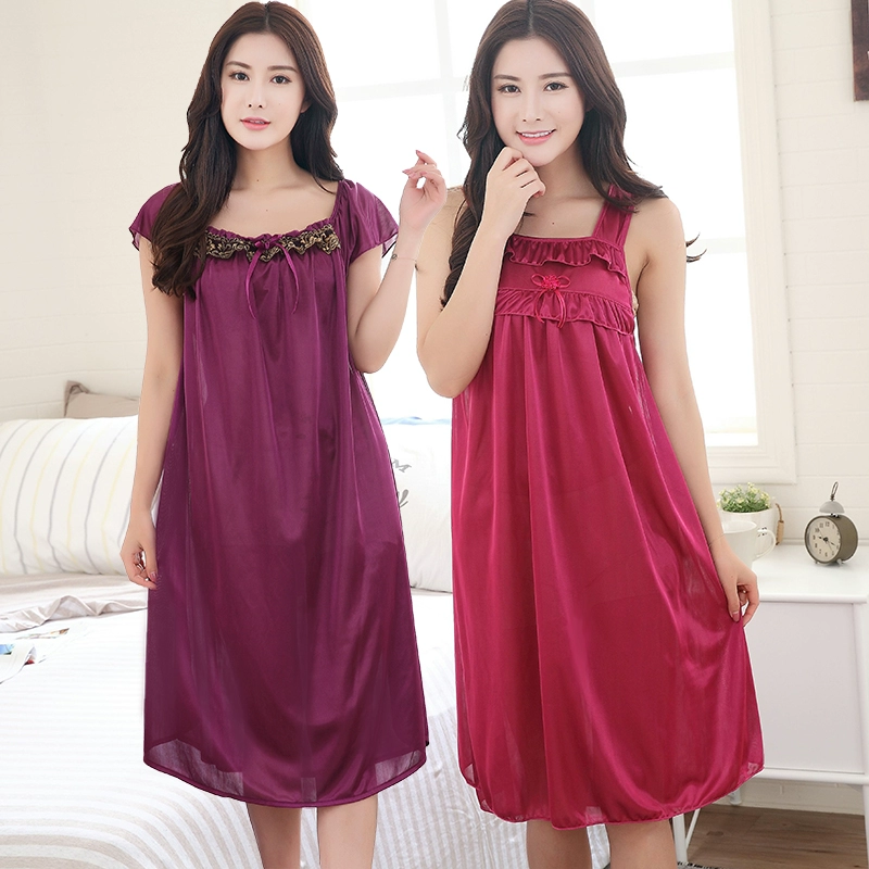 Sling váy ngủ mùa hè sexy Hàn Quốc kéo sợi lụa cỡ lớn dài nữ pyjama băng lụa lỏng mỡ mm200 kg - Đêm đầm