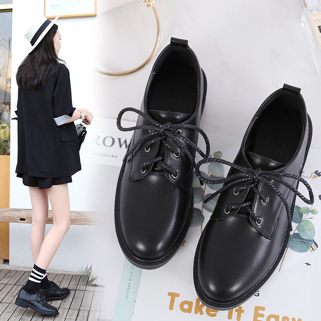 Small leather shoes women's winter plus velvet British style 2021 black flat-bottom work soft-soled professional peas work shoes