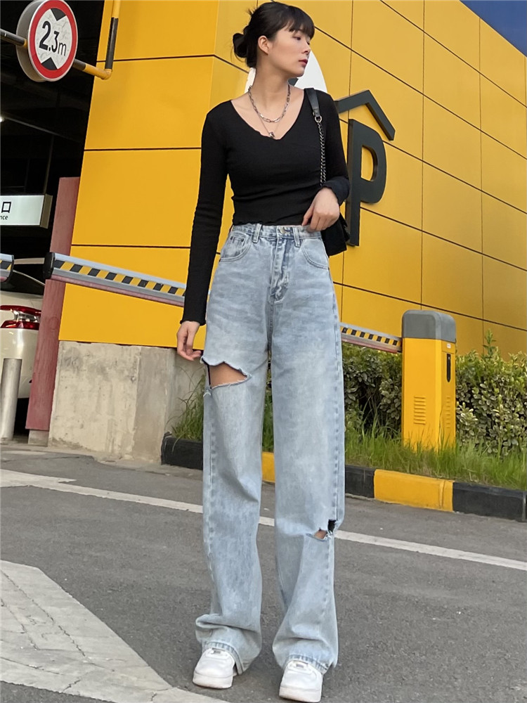 SELFSOLO original THREE12 spring and summer high waist hip hop loose long pants light color washed to break the hole jeans women
