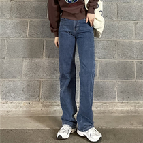 THREE12 Autumn New High Waist Straight stretch retro cool denim blue jeans women