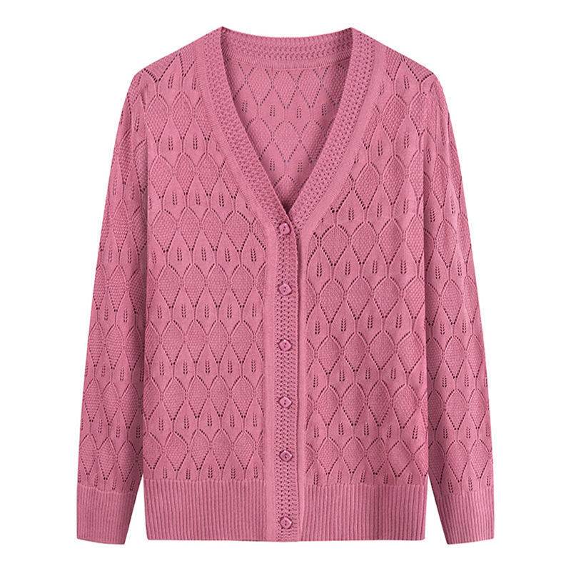 Middle-Aged and Elderly Women's Knitted Thin Sweater, Loose Large Size Cardigan, Spring and Autumn Wear, Mother's Outerwear, Openwork Air-Conditioning Shirt