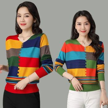Mom's large size belly-covering colorful striped top for women spring and autumn thin striped long-sleeved sweater with western style bottoming sweater