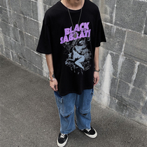 ins Dark Funeral High Street tide card hip hop demon print short sleeve T-shirt oversize loose body shirt men