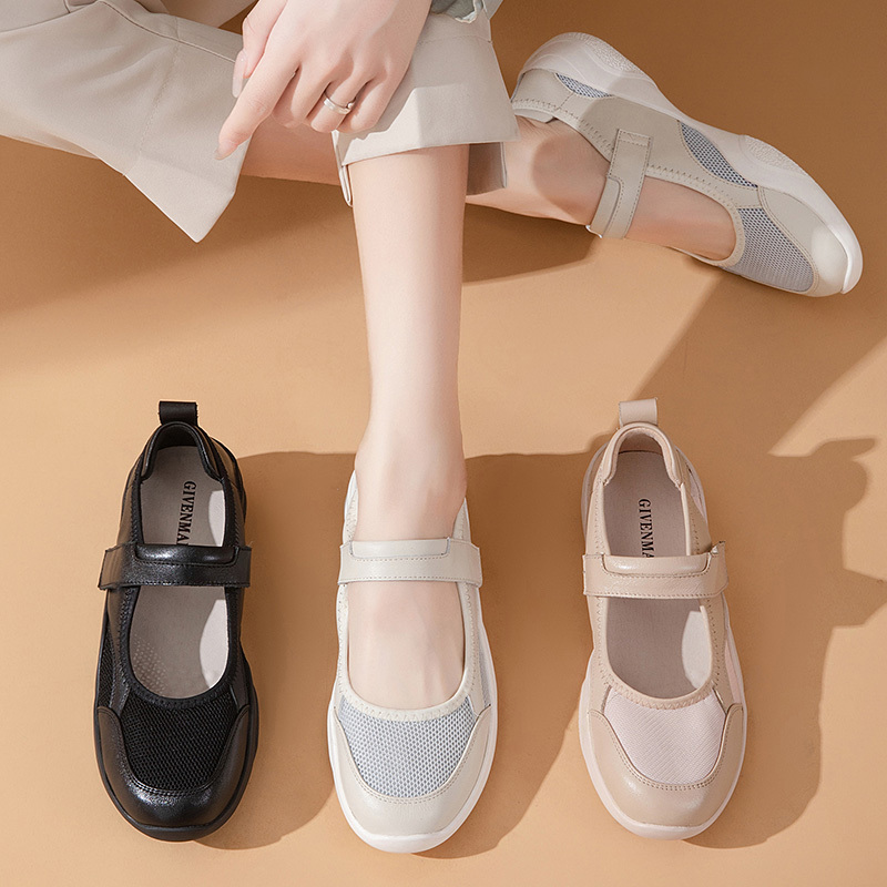 Casual Sports Square-Toe Leather Shoes for Middle-Aged and Elderly Mothers, Genuine Leather, Comfortable Thick-Soled Women's Lace-Up Mesh Flat Travel Shoes