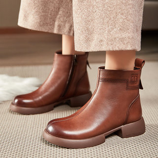 Autumn and Winter Short Boots 2025 New Style Genuine Leather Chunky Heel Retro Leather Shoes Mid-Heel Thick-Soled Women's Boots with Fleece Lining Warm Mom Boots