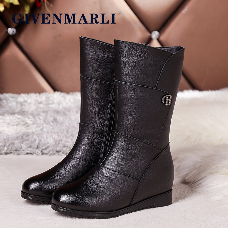 Mid-Calf Boots for Women, Autumn and Winter Wedge-Heeled Flat Genuine Leather Boots, Fleece-Lined Cotton Shoes, Long Boots for Middle-Aged and Elderly Mothers, Height-Increasing Women's Boots