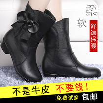 Short boots female spring and autumn single boots new leather thick heel non-slip female boots mother middle heel bow big size boots children Winter