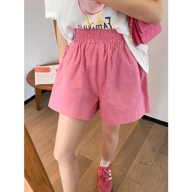 2026 Summer New Korean Style Shorts for Women, Solid Color Elastic Waist Casual Pants, High-Waisted Slimming Wide-Leg Pants, Pink Pants 2026 Summer New Korean Style Shorts for Women, Solid Color Elastic Waist Casual Pants, High-Waisted Slimming Wide-Leg Pants, Pink Pants