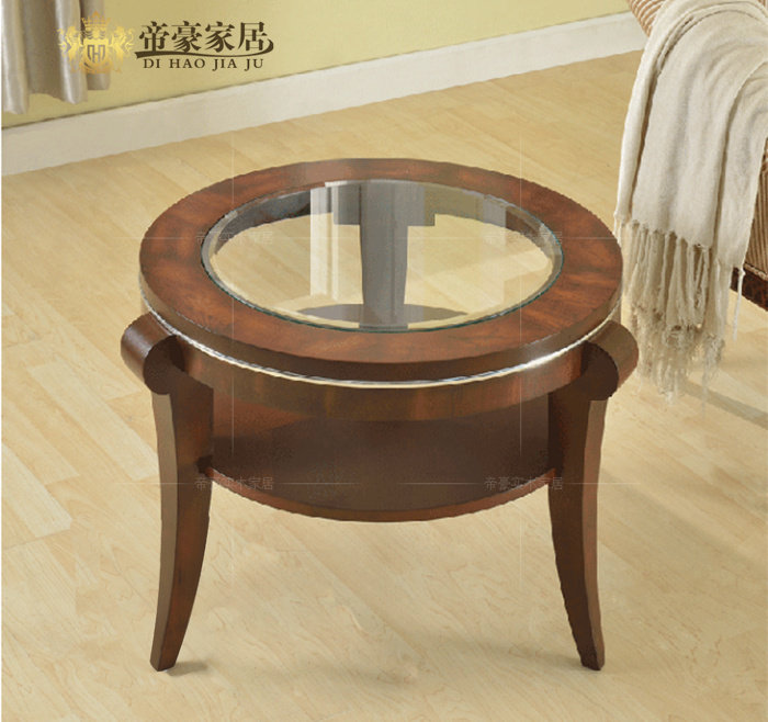 American-style solid wood round coffee table light luxury balcony tempered glass surface table sofa corner a few sides a few European-style simple small round table