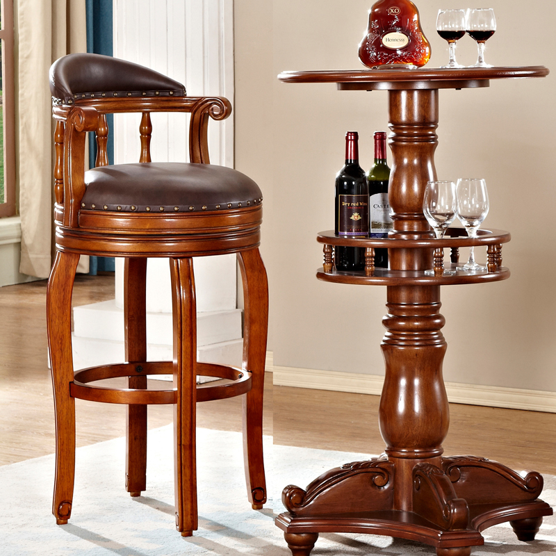 Bar chair European-style high stool solid wood bar stool light luxury chair American-style bar chair retro stool backrest home