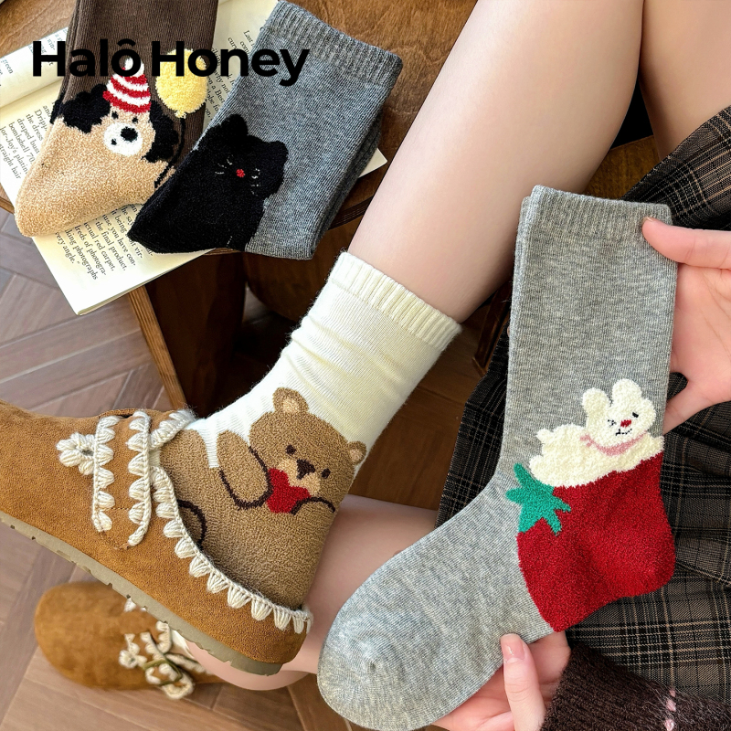 Cartoon Cute Flocked Socks for Women, Mid-Calf Socks, Trendy Pure Cotton Spring and Autumn Japanese Style Student Summer Slouch Socks