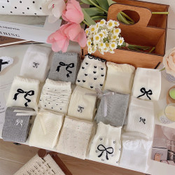 White love bow pile socks women's mid-calf socks ins trend pure cotton summer thin stockings polka dot style ຍີ່ປຸ່ນ