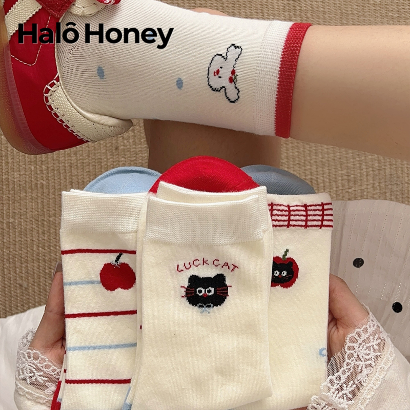 Cute Cat Socks for Women, Mid-Calf Socks, Trendy Pure Cotton Autumn and Winter Japanese Style Cartoon Student Polka Dot Spring and Autumn Slouch Socks
