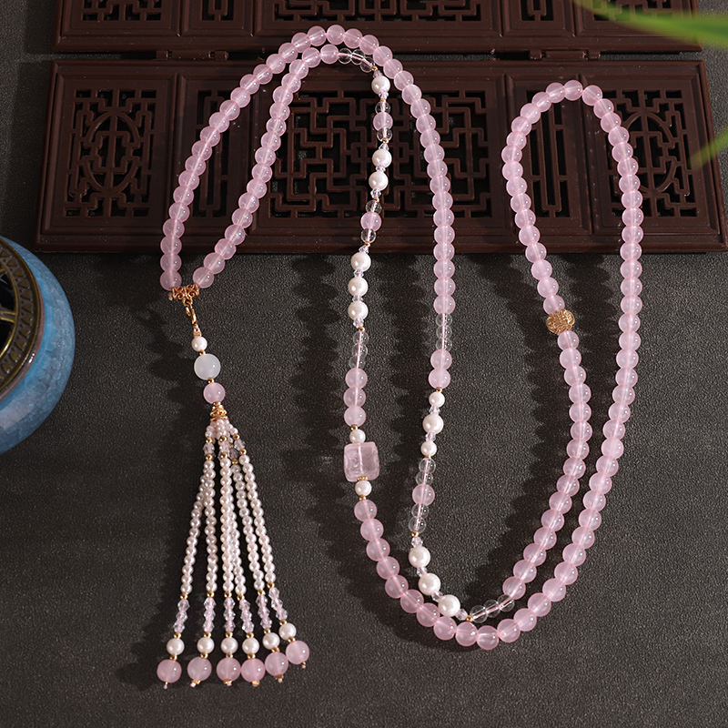 New Chinese-Style Antique-Style Necklace with Pink Beads, Long National-Style Cross-Body Layered Chain, Retro Versatile Cheongsam Accessory