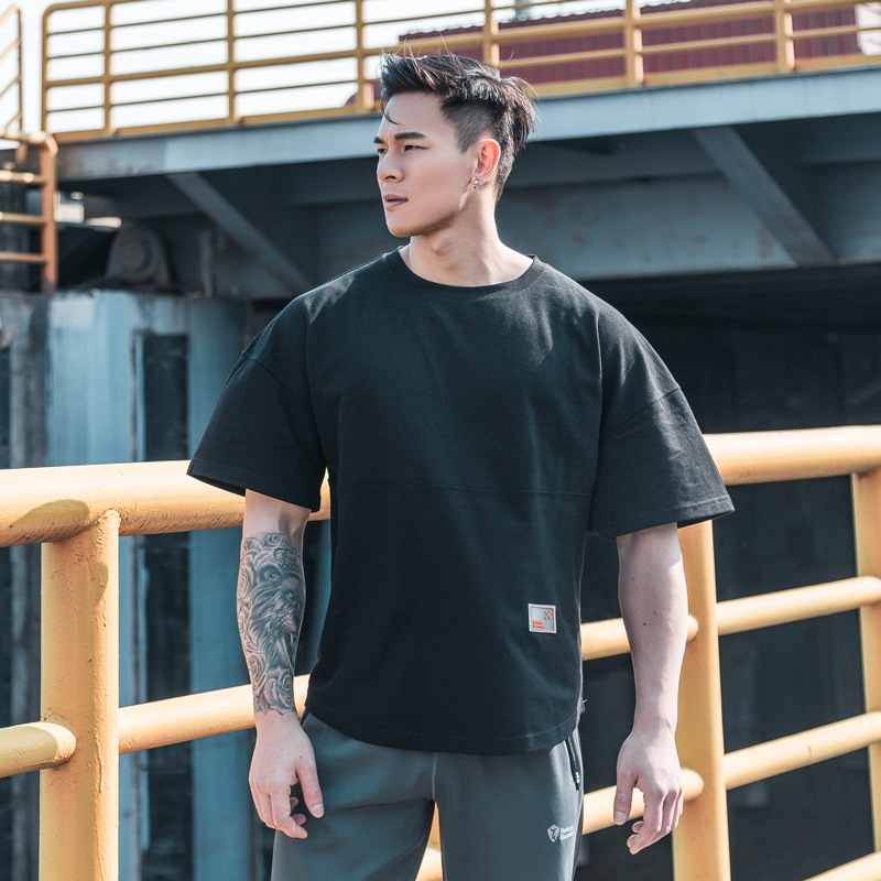 Muscle Fitness Clothing for Men, Large Size, Sports Short-Sleeved Loose Training Clothes, Dog Brother Half-Sleeved Quick-Drying T-Shirt, Drop-Shoulder Top