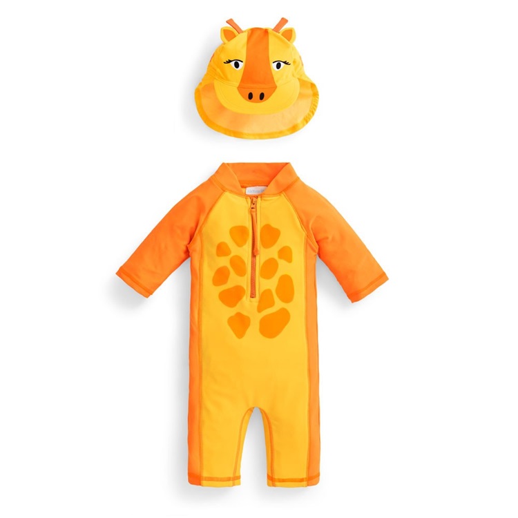 Quần áo trẻ em jojomamanbebe của Anh mua hàng thật cho bé trai và bé gái hươu cao cổ màu cam hình áo tắm một mảnh + mũ áo tắm trẻ em nàng tiên cá