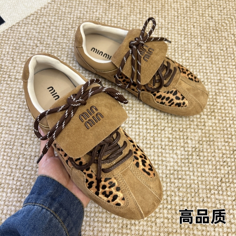 Miu Shoes Leopard Print Shoes Horsehair Retro German Training Shoes Women's Genuine Leather Versatile Single Shoes Soft Sole Casual Women's Shoes Forrest Gump Shoes