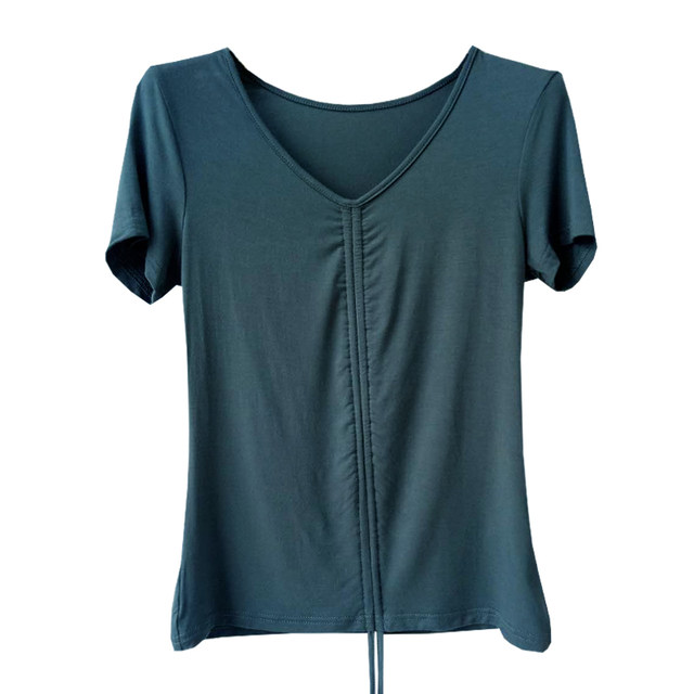 Modal t-shirt women's v-neck short-sleeved new drawstring tight waist short section exposed navel ice silk cotton top women's scheming