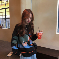 Lazy wind black sweater 2021 new female cute Japanese loose wear retro Hong Kong style design sense minority