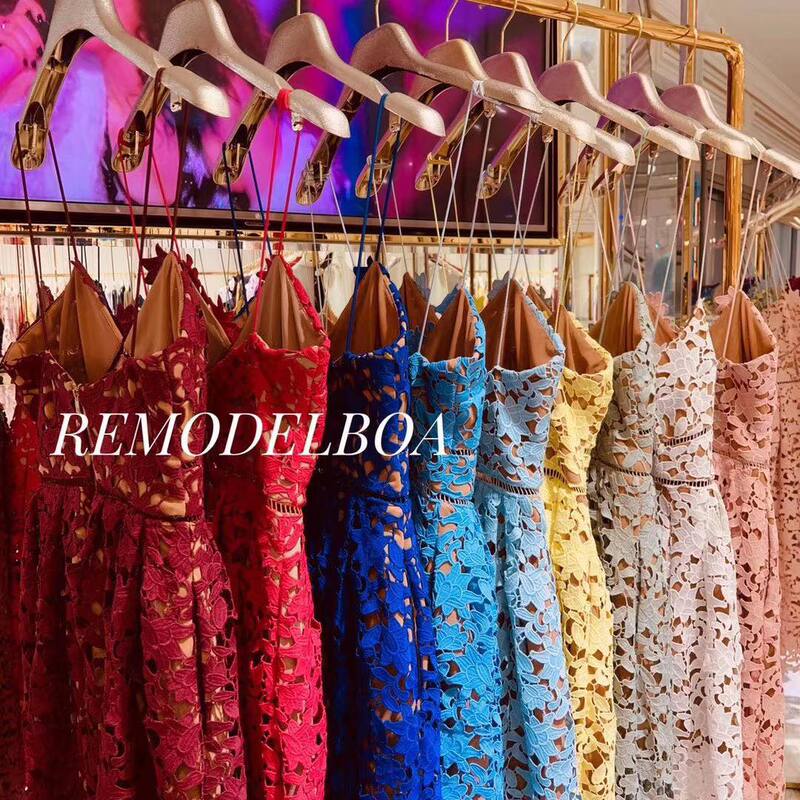 2025 Summer V-Neck Strap Vacation Dress with Intricate Water-Soluble Floral Hollow Lace, Elegant Gown, Mid-Length 2025 Summer V-Neck Strap Vacation Dress with Intricate Water-Soluble Floral Hollow Lace, Elegant Gown, Mid-Length