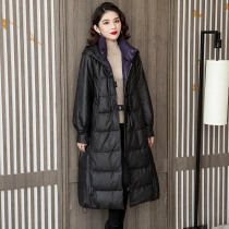 2021 new genuine leather down clothes woman mid-winter season sheep leather clothing fashion upright collar with cap loose jacket