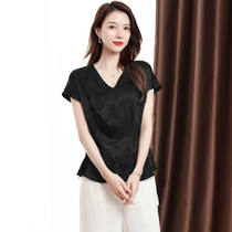 Ogoods V Collar Black Real Silk Shirt Woman Summer High-end Big Card Mulberry Silk Short Sleeve Blouse T-shirt Short and thin
