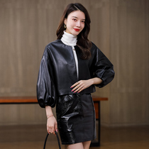 Henning genuine leather leather clothes female short 2022 Spring autumn new round collar 90% sleeves Fashion black sheep leather Outer cover