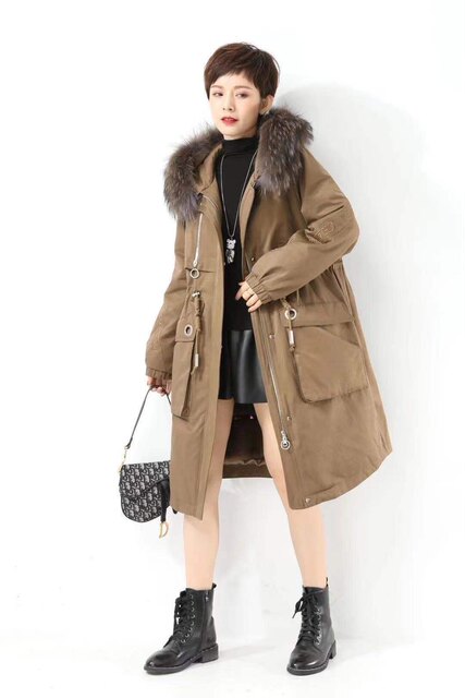 Duozi Brand Genuine New Model 051, Plus-Size, Fashionable, Casual, Loose-Fitting, Fleece-Lined Parka with Real Fur Collar