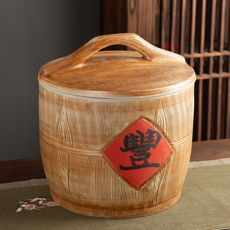 Jingdezhen ceramic barrel home 10 jins 20 to 30 jins imitation solid wood flour barrels moistureproof insect - resistant seal storage tank