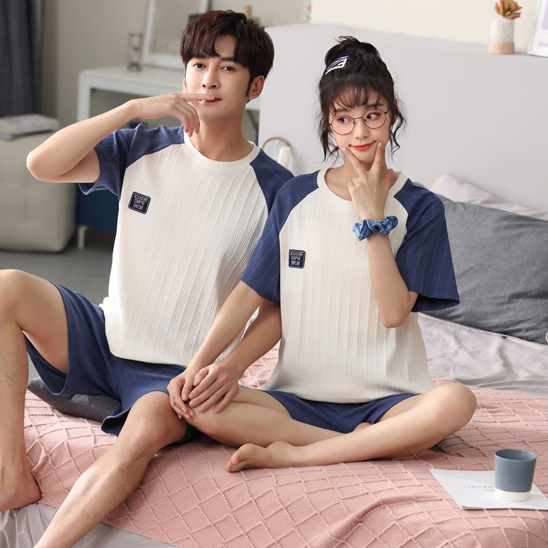 Pure cotton couple pajamas two sets of summer men and women cotton short-sleeved loose plus size home service net red popular suit